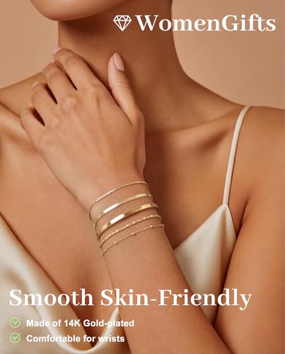 Dainty Gold Bracelet for Women Trendy Non Tarnish, Thin Bracelets Stackable Set with Bangle Cuff, Box, Herringbone, Paperclip, Figaro, Sparkling Link Chains Waterproof, Simple Jewelry Gifts for Women - color: style 01-gold