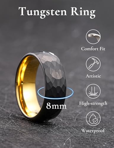 King Will Men's Tungsten Carbide Wedding Ring Hammered Groove Wedding Band Mens Two Tone Engagement Ring for Men and Women Matte Brushed Finish Comfort Fit - color: 8MM Gold-Black