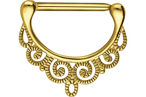 PIERCINGLINE 14G Surgical steel nipple piercing oriental design nipple jewelry barbell 1 PC - color: Gold, size: 14 mm bar length