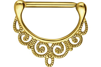 PIERCINGLINE 14G Surgical steel nipple piercing oriental design nipple jewelry barbell 1 PC - color: Gold, size: 14 mm bar length