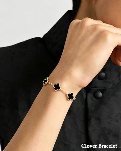 Clover Jewelry Set 3 PC - 18K Gold Plated Stainless Steel Y Necklace Four Leaf Pendant, Clover Bracelet Charm, 4leaf Earrings, Hypoallergenic Non-Tarnish, Lucky Jewelry Gifts for Women Mom - color: Black/Gold