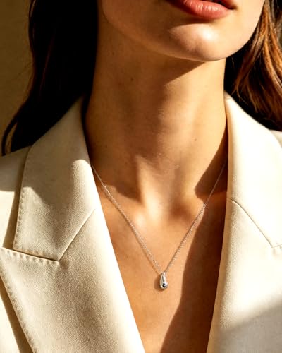 Silver Teardrop Pendant Simple Minimalist Necklace Stainless Steel Thin Adjustable Dainty Necklace Chain for Women