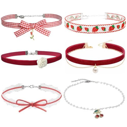 Nova&Aria Chokers Set For Women Heart Choker Necklaces Flower Pendant Velvet Cute Pink Turquoise Blue White Black Choker Necklace Christmas Colorful Lace Chokers - color: Red-B