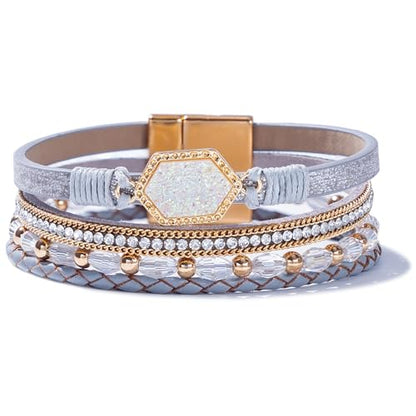 FANCY SHINY Crystal Beaded Leather Wrap Bracelet Stackable Boho Jewelry for Women Resin Stone Bangle Cuff with Magnetic Clasp - color: Silver