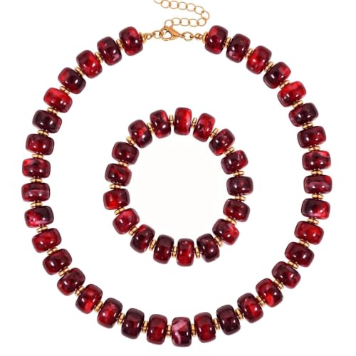 KOSMOS-LI Colorful Beaded Necklace for Women Unique Resin Beads Choker Necklaces Boho Statement Chunky Necklace Summer Vacation Jewelry - color: red