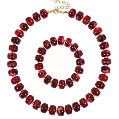 KOSMOS-LI Colorful Beaded Necklace for Women Unique Resin Beads Choker Necklaces Boho Statement Chunky Necklace Summer Vacation Jewelry - color: red