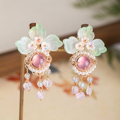 A Pair Wedding Hair Clips, Handmade Floral Design Crystal Hair Clips Pearl Barrettes, Rhinestones Flower Clips Pearl Headpieces Hair Pins Hair Accessories for Women Girls (Green) - color: Green
