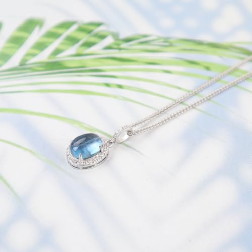 iSTONE 925 Sterling Silver Natural Crytral for Womens Pendant Necklace, Gemstone Birthstone with 17.8" Silver Chain Ladies - color: Oval Aquamarine