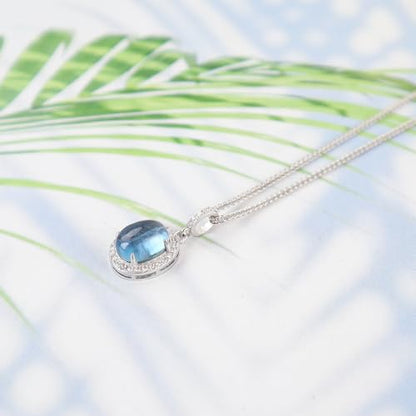 iSTONE 925 Sterling Silver Natural Crytral for Womens Pendant Necklace, Gemstone Birthstone with 17.8" Silver Chain Ladies - color: Oval Aquamarine