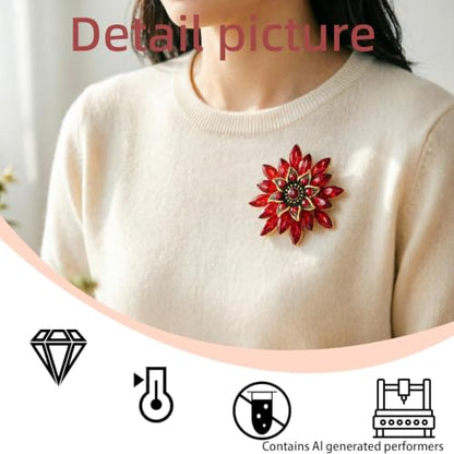 Crystal Flower Brooch Pin for Women Rhinestone Floral Lapel Jewelry - color: red