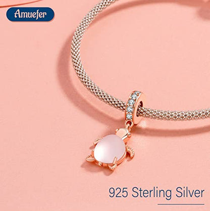 S925 Bead Pendant Charms for Bracelets Necklaces, Compatible with Pandora, Jewelry Making DIY - style: Glass Turtle Charm Rose Gold Plated and Pink