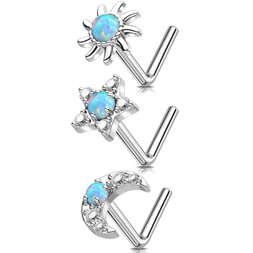 MeIighting 3pcs 20G L-Shaped Nose Ring Set, 7mm Star and Moon Nose Studs, Stainless Steel 316L Nose Jewelry with White Opal and Zircon, Celestial Nose Piercing Jewelry for Women