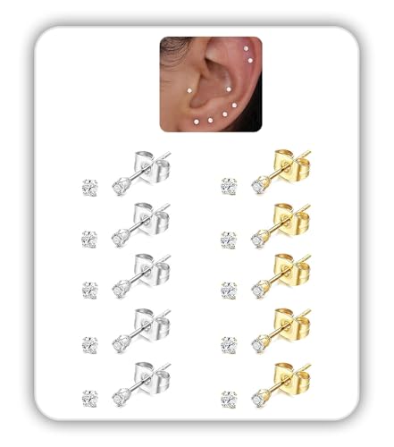 20G Hypoallergenic Surgical Steel Square Pearl Ball CZ Flat Back Stud Earrings for Sensitive Ear, Lightweight Shiny Earrings Studs for Helix Tragus Cartilage Multiple Piercing - color: Gold+Silver-D