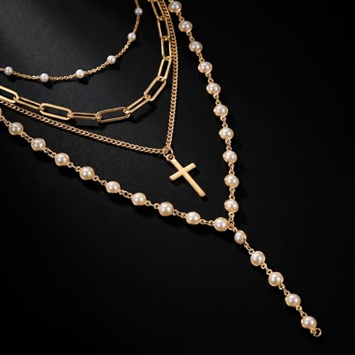 Layered Faux Pearl Necklaces for Women - Dainty Cross Choker Set. Beautiful Stackable Long Chain Jewelry Featuring Boho Pendant Accessories, Vintage Multilayer Drops