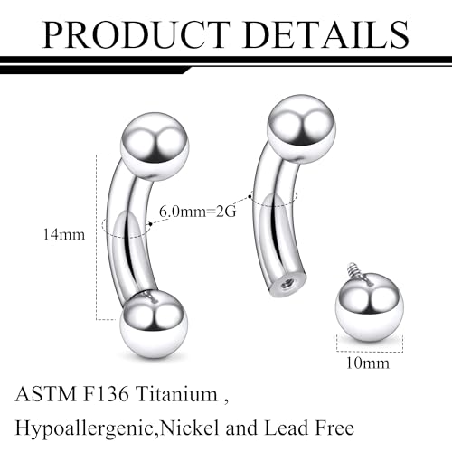 Ruifan 20g 18g 16g 14g 12g 8g 6g 4g 2g Rook Piercing Jewelry Titanium Internally Threaded Curved Barbell Eyebrow PA Tragus Helix Conch Lobe Earrings Lip Rings Body Piercing Jewelry For Women Men - size: 2G - 14mm Ball