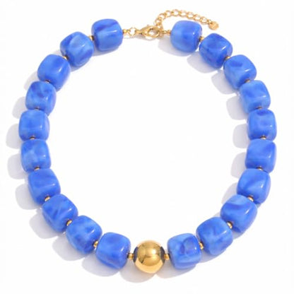 Mchic Colorful Beaded Choker Necklace for Women: Boho Large Square Acrylic Beaded Necklace Stainless Steel Adjustable Surfer Beach Strand Necklaces Summer Handmade Jewelry Gift for Women - color: Blue