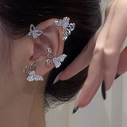 2Pcs Butterfly Ear Cuffs Rhinestone Clip On Earrings | Rhinestone butterfly ear cuffs with non piercing clip on design; silver ear wrap climber jewelry for parties and weddings - style: Style C Silver