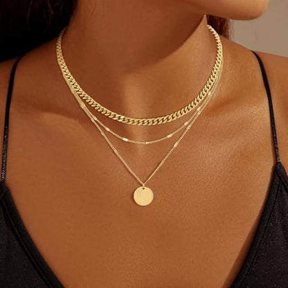 Gold Necklace for Women 14K Gold Plated Layered Necklaces Dainty Pendant Necklace Cute Stack Necklaces Set Fashion Jewelry Gift for Her - style: circle2-gd