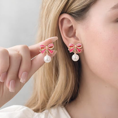 Gold Bow Earrings for Women, Long Tassel Chain Drop Earrings, Trendy Small Bow Earrings, Ribbon Waterfall Dangling Earrings, Pearl Bow Earrings, Sparkly Elegant Bowknot Preppy Jewelry Gifts for Women - color: Pink Bow-K3