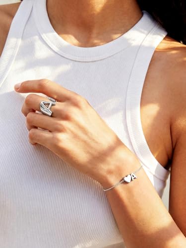 KeyStyle Initial Heart Bracelet for Women Waterproof Stainless Steel Chain | 14K Gold Plated /Silver A-Z Letter Adjustable Charm Bracelet, Hypoallergenic Non Tarnish Dainty Gift for Everyday Wear - color: Silver-A