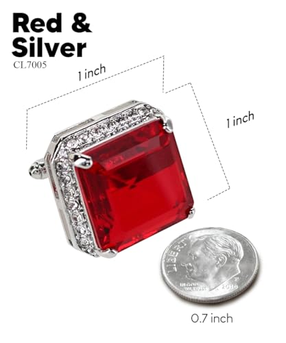 Large Big Square Crystal Color Stone Cuff Links for Men – Tuxedo Suit Accessories, Cufflinks for Men - style: Red/Silver