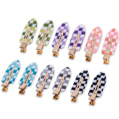 No Crease Creaseless No Bend Hair Clips For Styling Non Slip Flat Clips For Makeup Hair Accessories For Women,Checkerboard Multiple Colors,12 PCS - color: 12P-Checkerboard multiple color