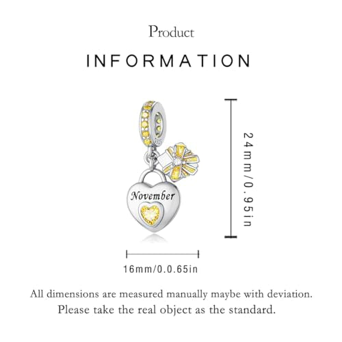 925 Sterling Silver Birthstone Charms Fit for Bracelet and Necklace Happy Birthday Charm Mother's Day Jewelry Gift for Women - color: 11-November