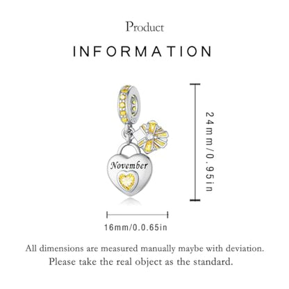 925 Sterling Silver Birthstone Charms Fit for Bracelet and Necklace Happy Birthday Charm Mother's Day Jewelry Gift for Women - color: 11-November