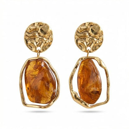 Trendy Orange Earrings for Women Resin Statement Geometric Drop | Radiant gold-tone hammered metal paired with warm amber hues.