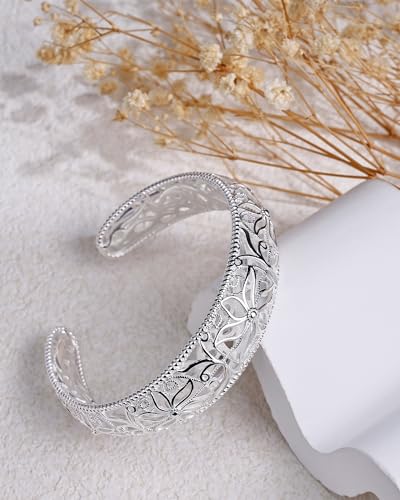 Intricate Floral Pattern Cuff Bracelet for Women - Sterling Silver Bangle, Bohemian Chunky Wide Bracelet Silver & Gold - color: Silver