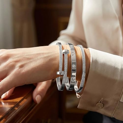 Camhanno Stackable Silver Bracelets for Women Stainless Steel Love & Friendship Bangle, Mothers Day Valentines Birthday Christmas Jewelry Gifts for Mom Her Wife Grandma - style: Style 15