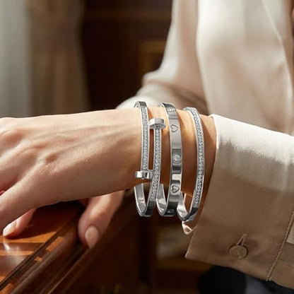 Camhanno Stackable Silver Bracelets for Women Stainless Steel Love & Friendship Bangle, Mothers Day Valentines Birthday Christmas Jewelry Gifts for Mom Her Wife Grandma - style: Style 15