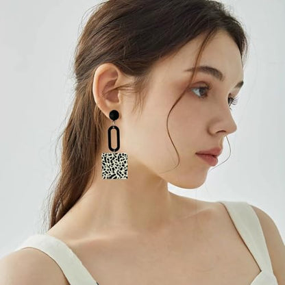 Retro Trendy Acrylic Multicolor Mottled Geometric Drop Earrings | Statement Dangle Jewelry for Women - color: white