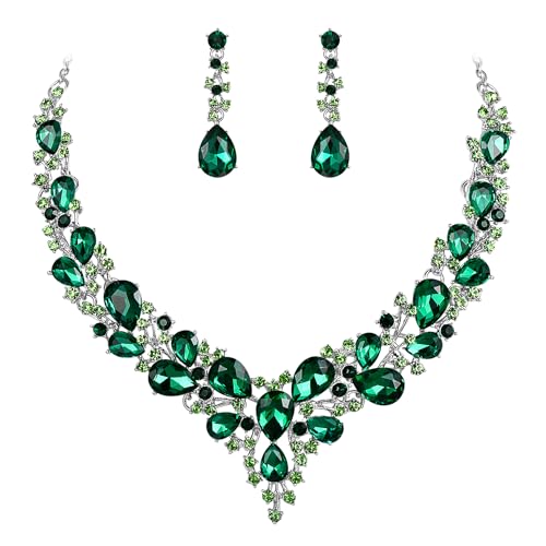 Women's Wedding Statement Necklace Dangle Earring Jewelry | Austrian Crystal Teardrop Cluster,Necklaces Earrings Set for Bride Bridesmaid,Prom Accessories - color: 04-Emerald Color Silver-Tone