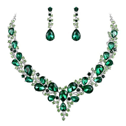 Women's Wedding Statement Necklace Dangle Earring Jewelry | Austrian Crystal Teardrop Cluster,Necklaces Earrings Set for Bride Bridesmaid,Prom Accessories - color: 04-Emerald Color Silver-Tone