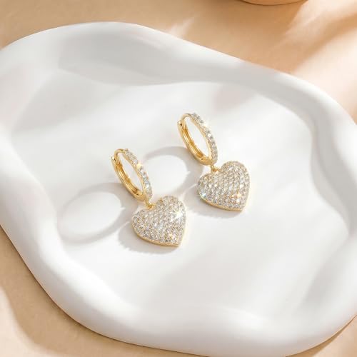 SAVORI 14K Gold Plated Sterling Silver Pave CZ Heart Huggie Hoop Earrings, Hypoallergenic Romantic Dangle Jewelry Gifts for Women - color: Gold