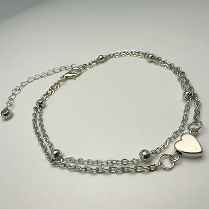 Anklet for Women Layered Anklets Women Double Heart Silver Bohemian Pearls Flat Chain Ankle Bracelet Charm Beaded Dainty Foot Jewelry Heart Charm Dainty Layer Anklets Trendy - color: Double Heart