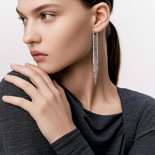 ASOQOLA Long Tassel Dangle Drop Earrings for Woman Tassel Dangling Earrings 925 Silver Chandelie dangling earring for Prom Fashion Jewelry - color: B Silver