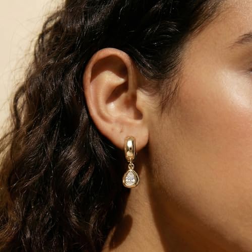 NIXMAX Trendy Gold Dangle Earrings for Women, Chunky Statement CZ Hoops | Bezel-Set Cubic Zirconia Charm, 14K Gold Plated, Lightweight Hypoallergenic Jewelry, Fashion Accessories, Gifts for Women - color: Gold-Chunky Teardrop Hoops