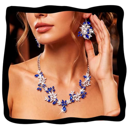 Green Rhinestone Indian Jewelry Set Gold Bridal Wedding Necklace and Earrings Sets Prom Costume Jewelry for Women and Brides - color: Silver Blue