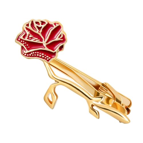 Dainty Rose Flower Tie Clip Tie Bar for Men Gold Tone Fashion Red Enamel Flower Necktie Suit Shirt Tuxeto Formal Wear Brooch Dress Accessories Birthday Wedding Party Jewelry Gift