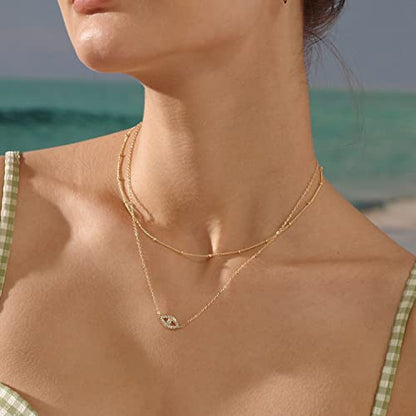 MEVECCO Dainty Pendant Layered Necklaces for Women | 18K Gold Plated Brass, 2-Piece Set With A Choker-Length Upper Layer, Wear Together Or Separately, Refined Everyday Style - style: layer evil eye