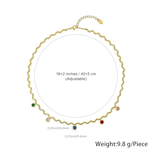 Hipunk Women Gold Plated Stainless Steel Wave Rope Chain Collar Necklace with Colorful Zirconia Flower Heart Charms Choker, Adjustable 16+2 Inch - color: round