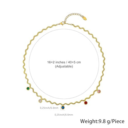 Hipunk Women Gold Plated Stainless Steel Wave Rope Chain Collar Necklace with Colorful Zirconia Flower Heart Charms Choker, Adjustable 16+2 Inch - color: round