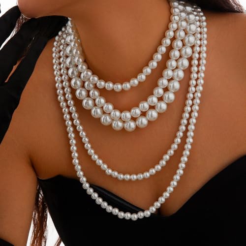 Chunky Long Layered Pearl Necklaces for Women 1920s Multi Strand Layering Faux Pearls Pendant Necklace Vintage Large Stack Statement Jewelry