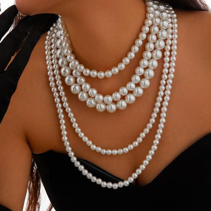 Chunky Long Layered Pearl Necklaces for Women 1920s Multi Strand Layering Faux Pearls Pendant Necklace Vintage Large Stack Statement Jewelry