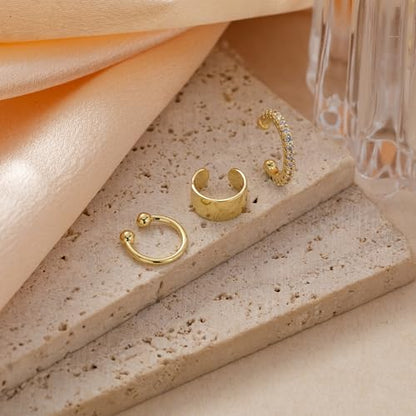 OOOPEL 3 Pairs 14K Gold Plated Ear Cuffs Non Piercing Lightweight Stackable Chunky Earring Cuff for Women Adjustable Non-Fading Fake Earrings Suitable for Christmas Gift - style: Polished