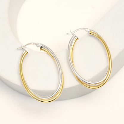LeCalla 925 Sterling Silver Chunky Hoop Earrings | 14K Two-Tone Three-Tone Hoop Earrings | Intertwining Oval Shape Polished Twisted Hoop Earrings for Women - color: "Large" Two-Tone 40mm