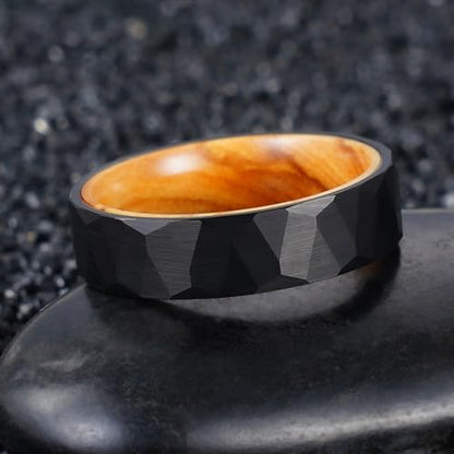 2/4/6/8mm Black/silver/gold Tungsten Rings for Men Womens Couple Fashion Jewelry Promise Engagement Wedding Band Hammered Inner ring inlaid with olive wood Carbide Polished Edge Comfort Fit - color: 6MM olive wood black