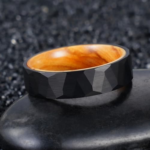 2/4/6/8mm Black/silver/gold Tungsten Rings for Men Womens Couple Fashion Jewelry Promise Engagement Wedding Band Hammered Inner ring inlaid with olive wood Carbide Polished Edge Comfort Fit - color: 6MM olive wood black